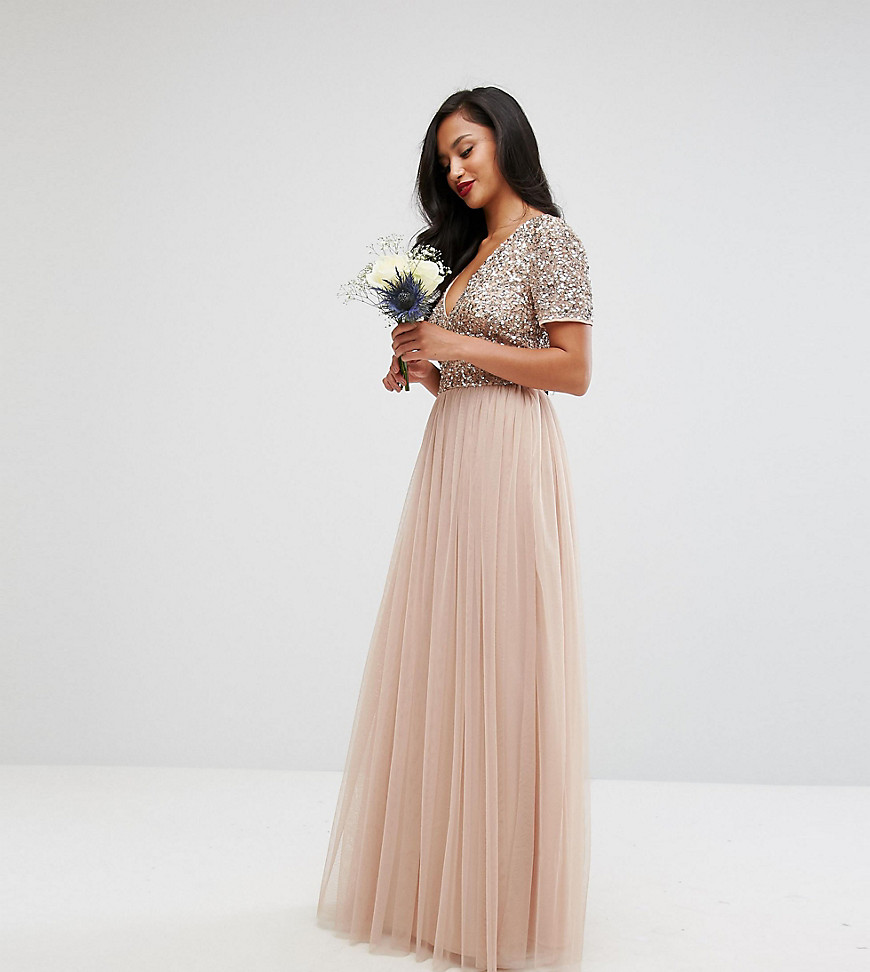 Maya Petite Bridesmaid v neck maxi tulle dress with tonal delicate sequins