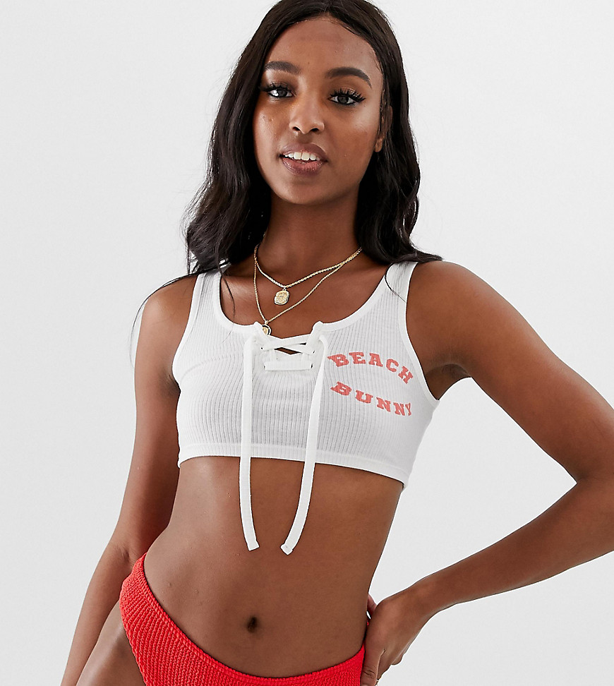 ASOS DESIGN Tall 'beach bunny' jersey crop top with lace up detail