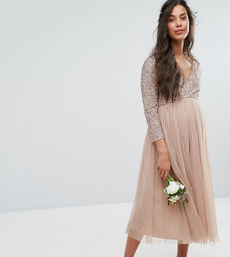 Maya Maternity 3/4 Sleeve Midi Dress With Delicate Sequin And Tulle Skirt