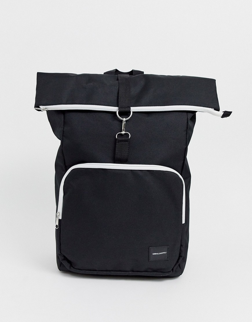 ASOS DESIGN backpack in black with contrast white zips and roll top