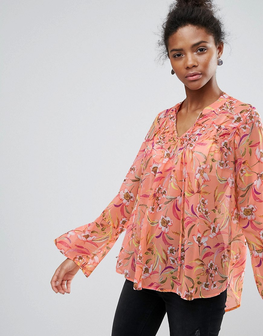 Crescent Floral Print Bell Sleeve Blouse With Front Smocking Detail - Salmon