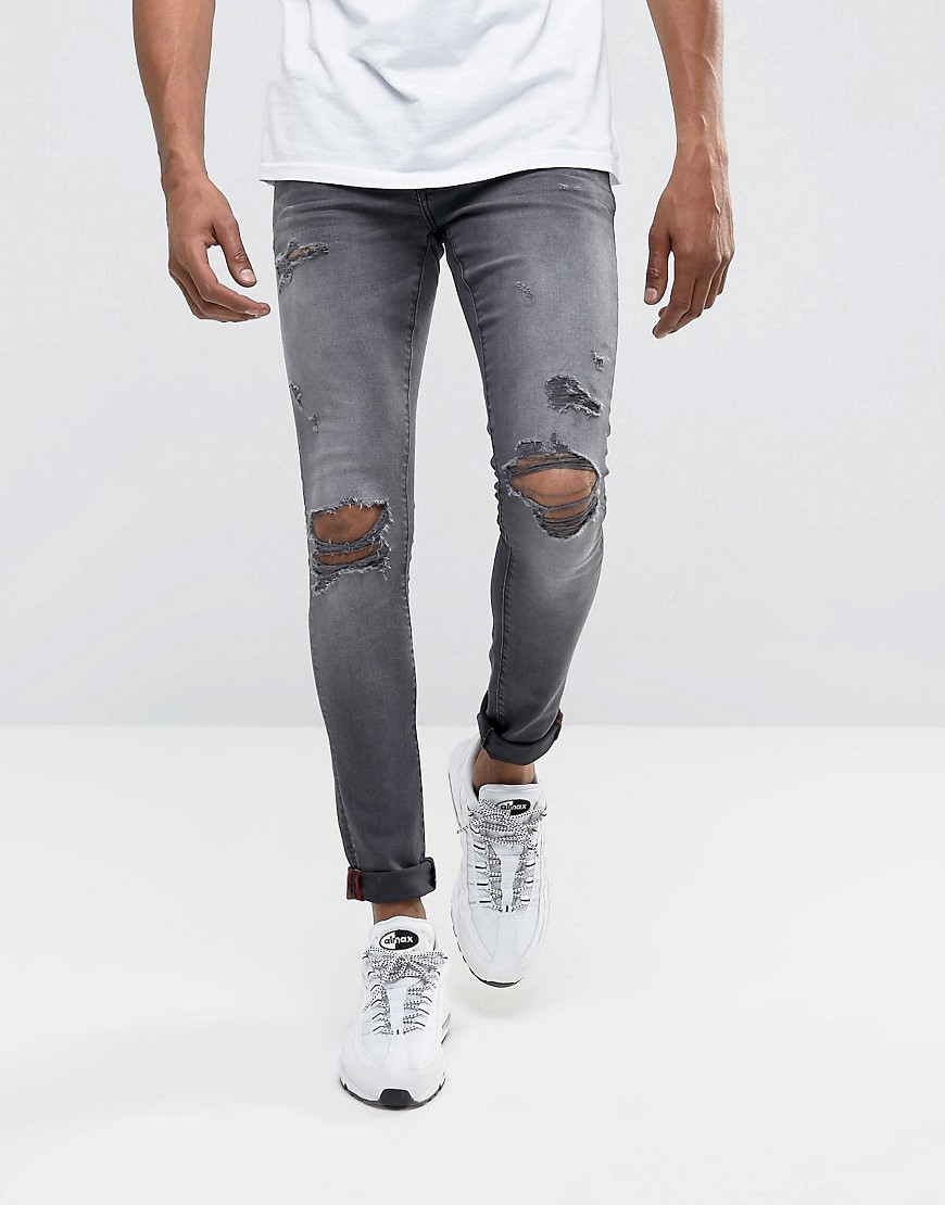 DML Jeans Super Skinny Spray On Jeans with Busted Ripped Knees in Grey - Grey