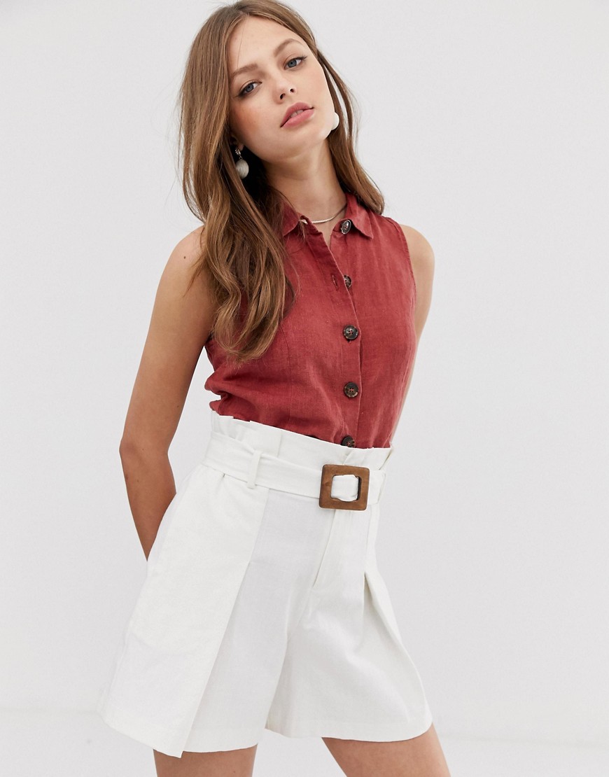 Mango linen sleeveless button front blouse in red