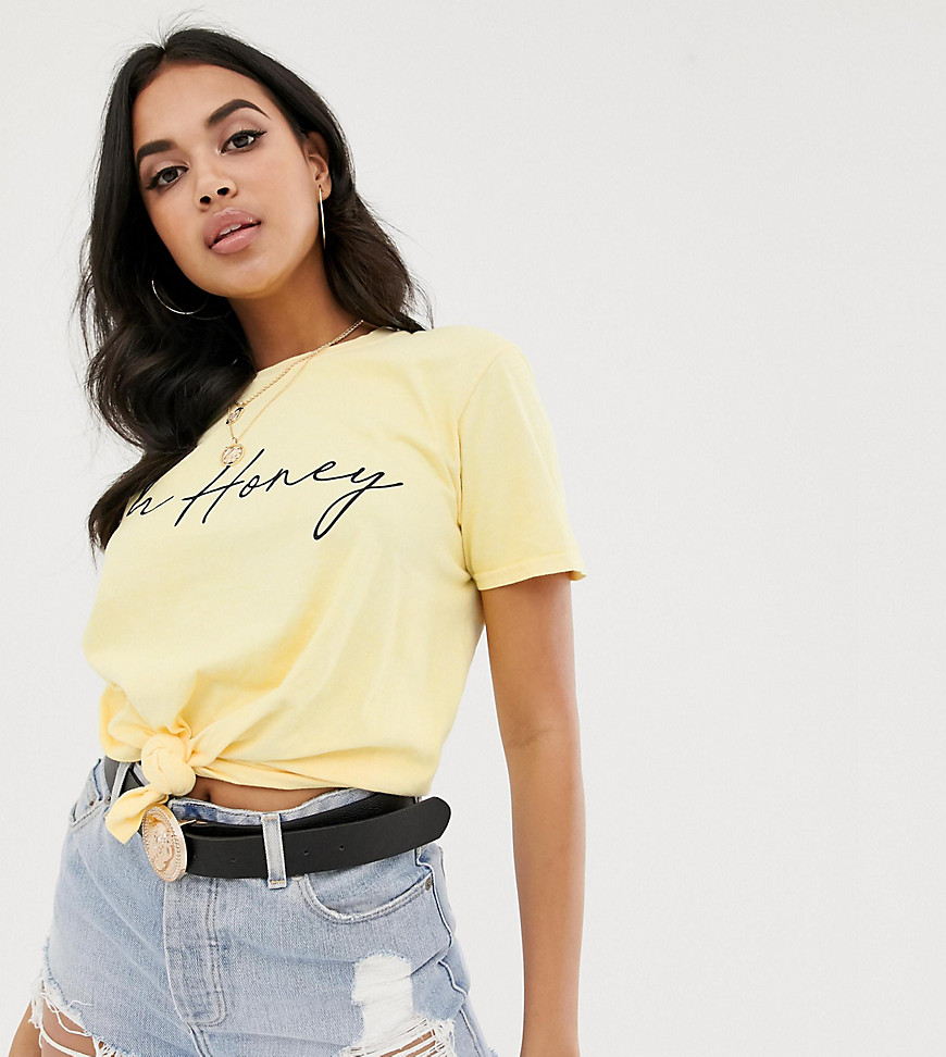 Missguided t-shirt with oh honey slogan in lemon
