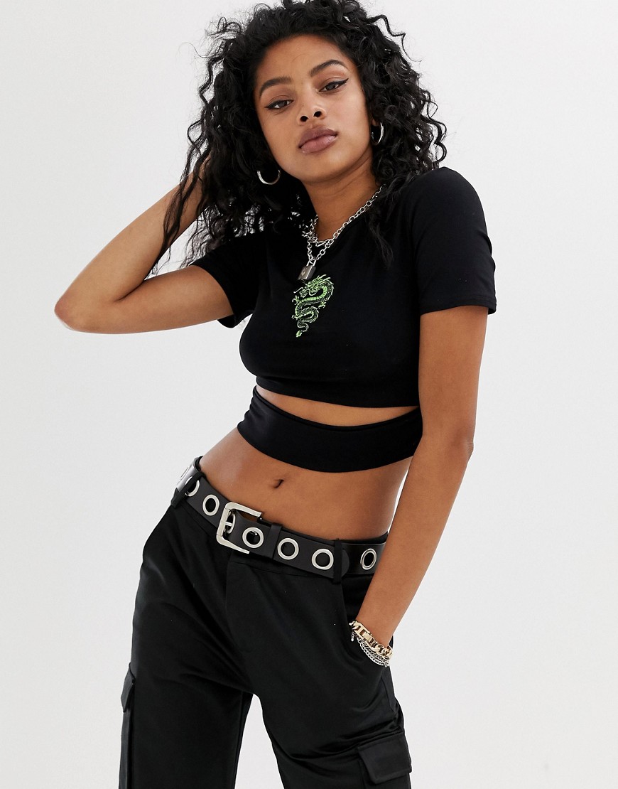New Girl Order cross front crop top with dragon embroidery
