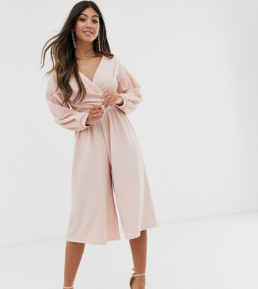 Boohoo Petite off shoulder culotte jumpsuit with belted waist in blush
