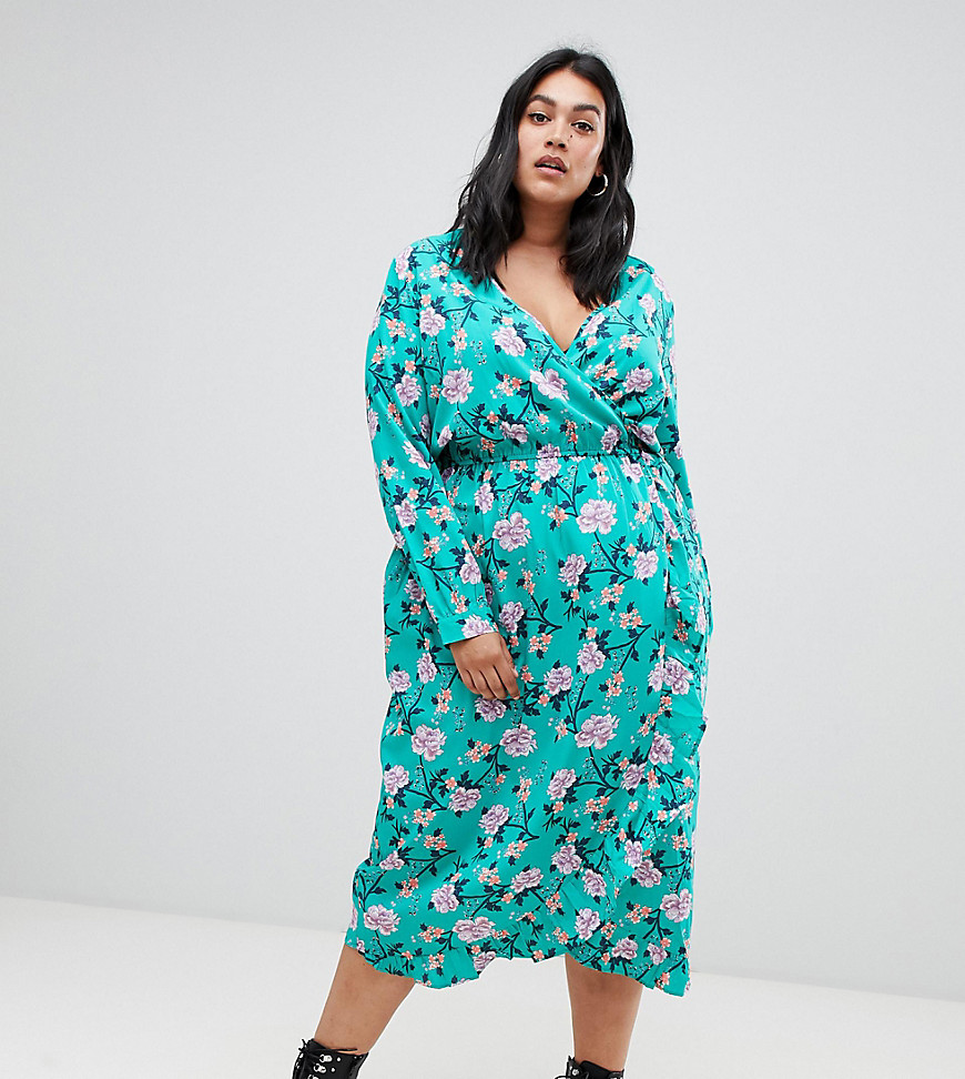Influence Plus floral print wrap midi dress with ruffle