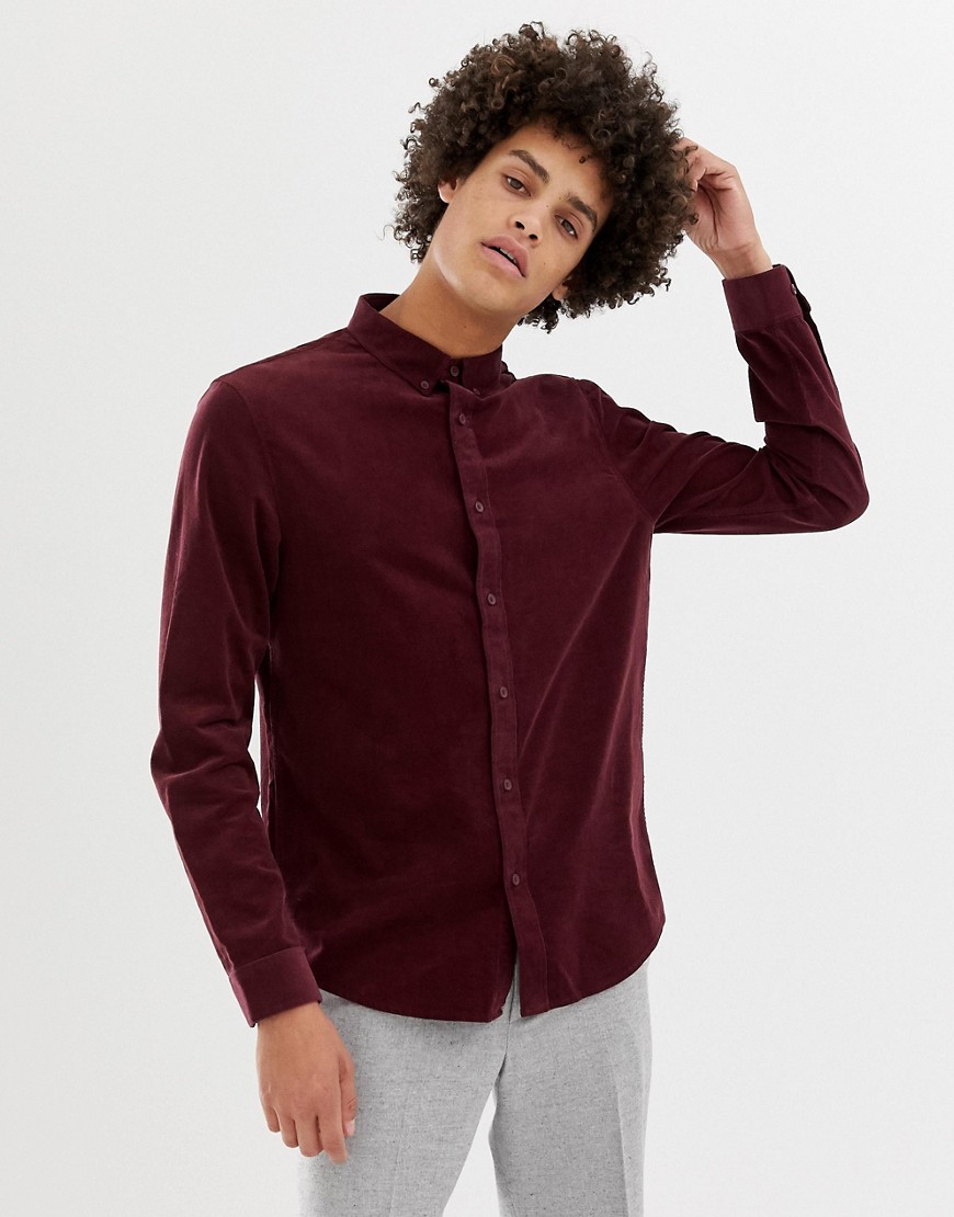 Kiomi cord shirt in burgundy with button down collar - Burgundy
