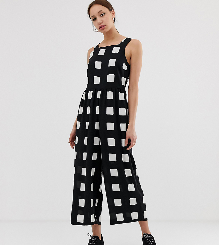 ASOS DESIGN Tall minimal jumpsuit with ruched waist in mono check print