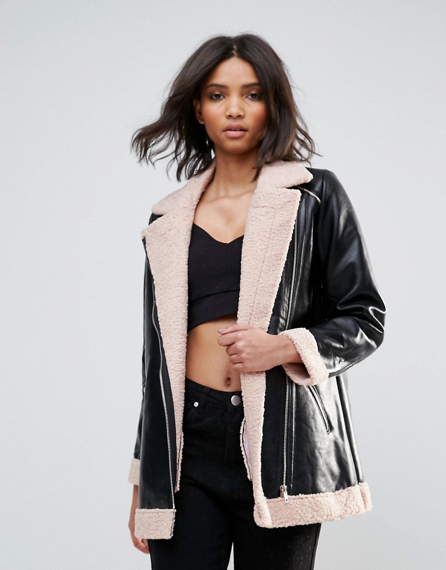 Goldie Phoenix Pu Aviator Style Jacket With Faux Fur Lining And Zipper Detail