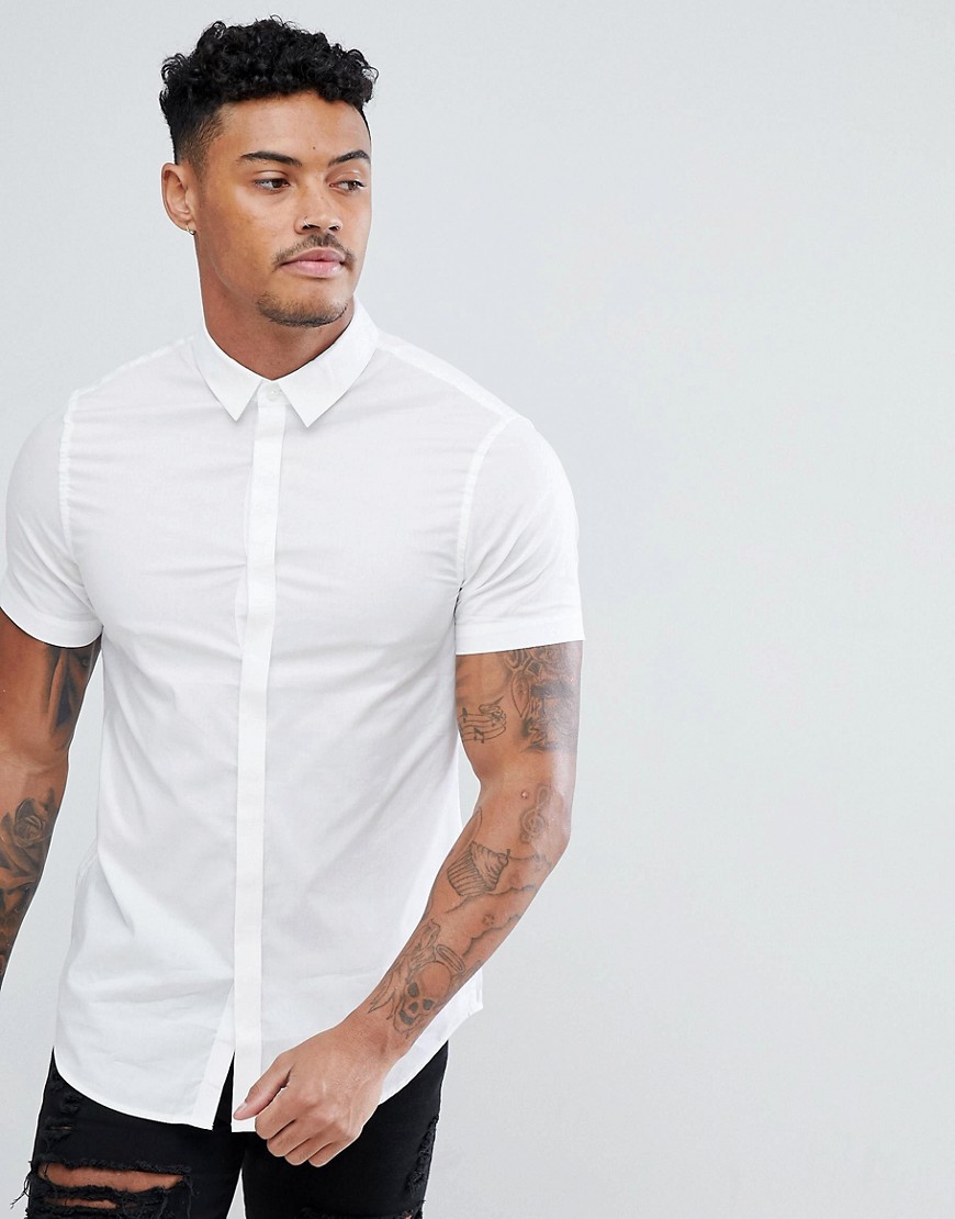 Armani Exchange Slim Fit Cotton Stretch Short Sleeve Shirt In White - 1100