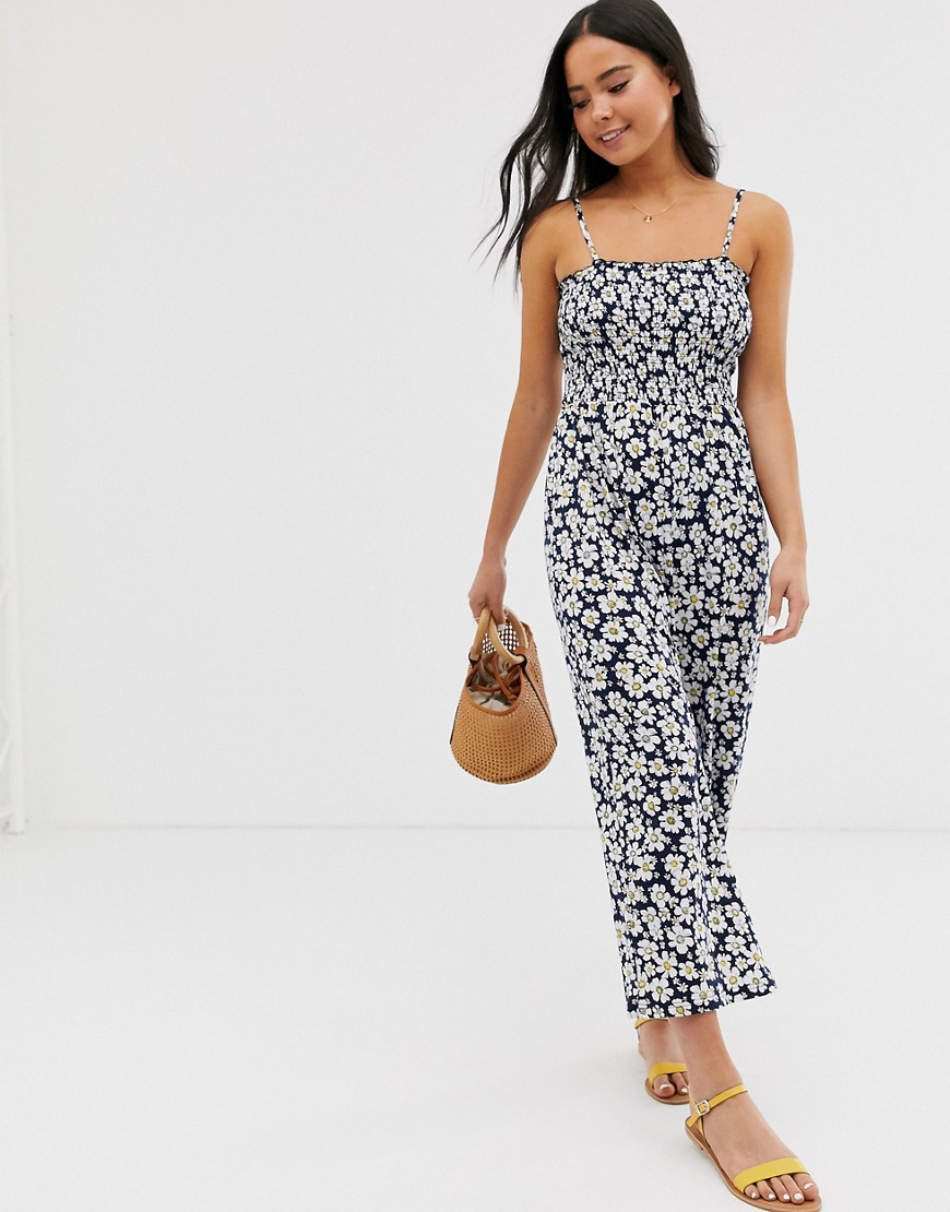 Glamorous cami jumpsuit with shirring in daisy print