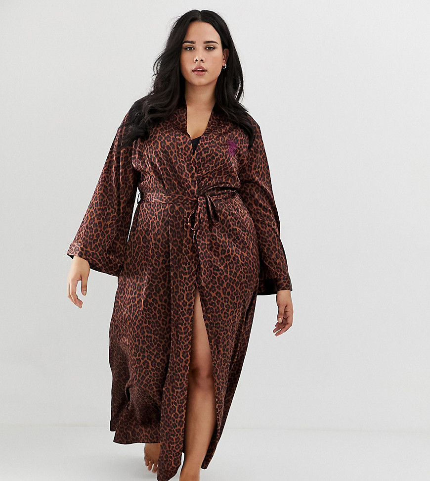 Savage x Fenty curvy animal print satin long kimono robe in toffee leopard