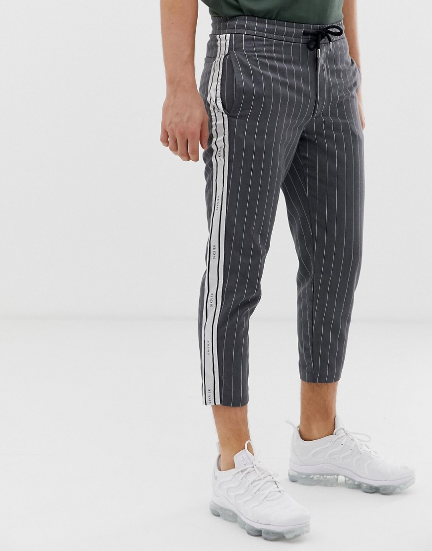 SikSilk cropped trousers in grey pinstripe with side stripe