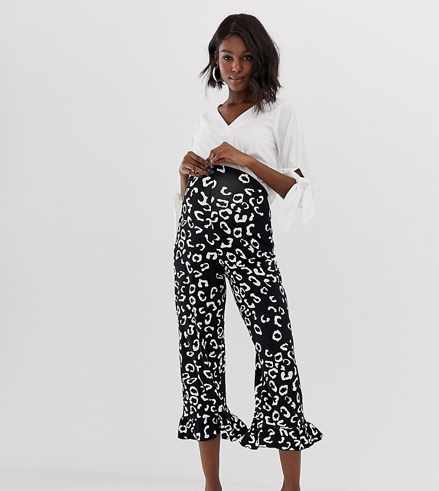 ASOS DESIGN  Maternity over the bump trousers with fluted ruffle hem in mono animal print