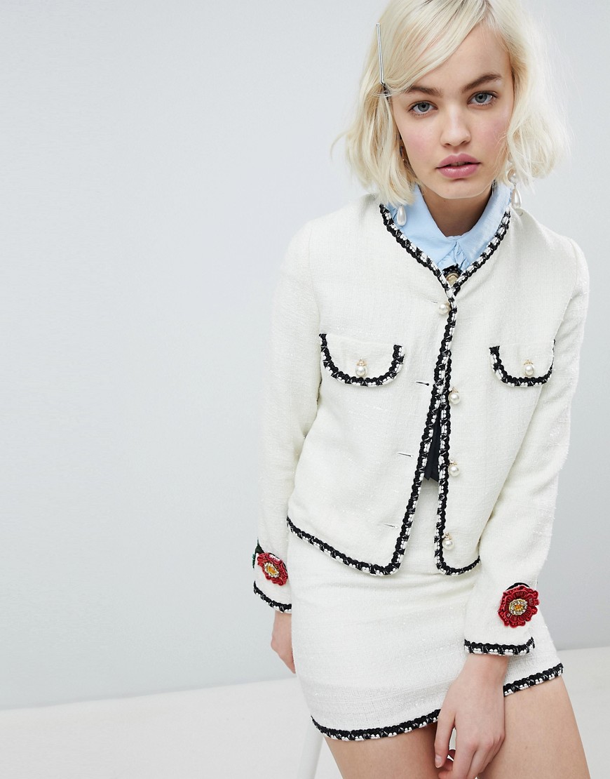 Sister Jane cropped tailored jacket with pearl trims in tweed co-ord - Cream tweed