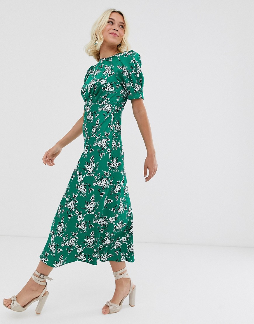 Asos Design Midi Tea Dress In Green Floral Print-multi