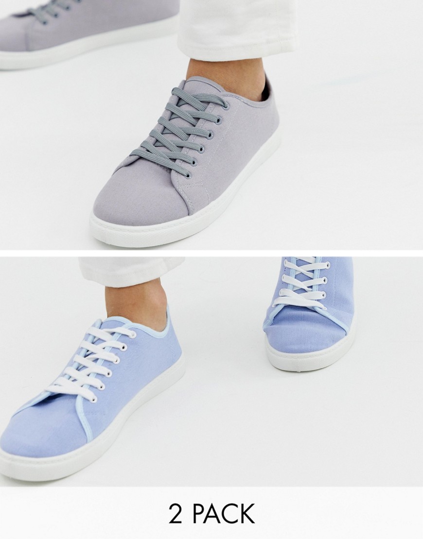 Truffle Collection two pack lace up plimsolls in grey and blue