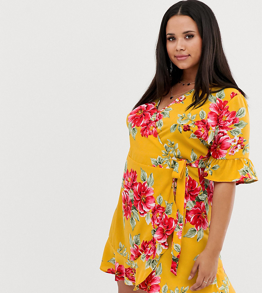 Influence Plus wrap dress with frill detail in floral print