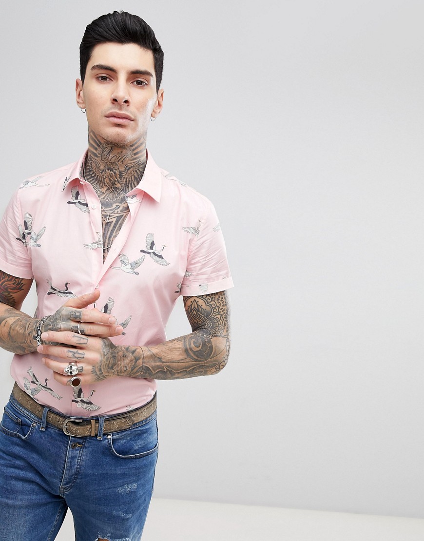 Devil's Advocate Short Sleeve Slim Fit Crane Print Shirt - Pink