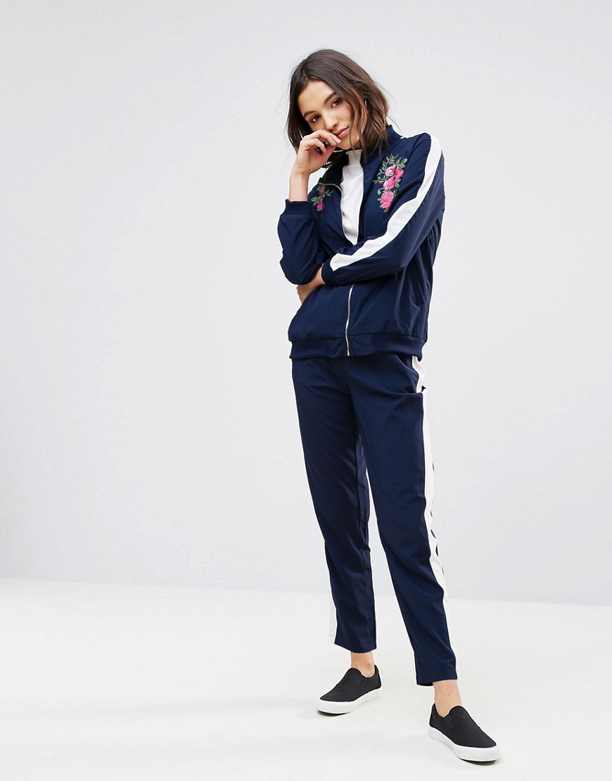 QED London Track Jacket And Jogger Set With Floral Detail - Navy/cream