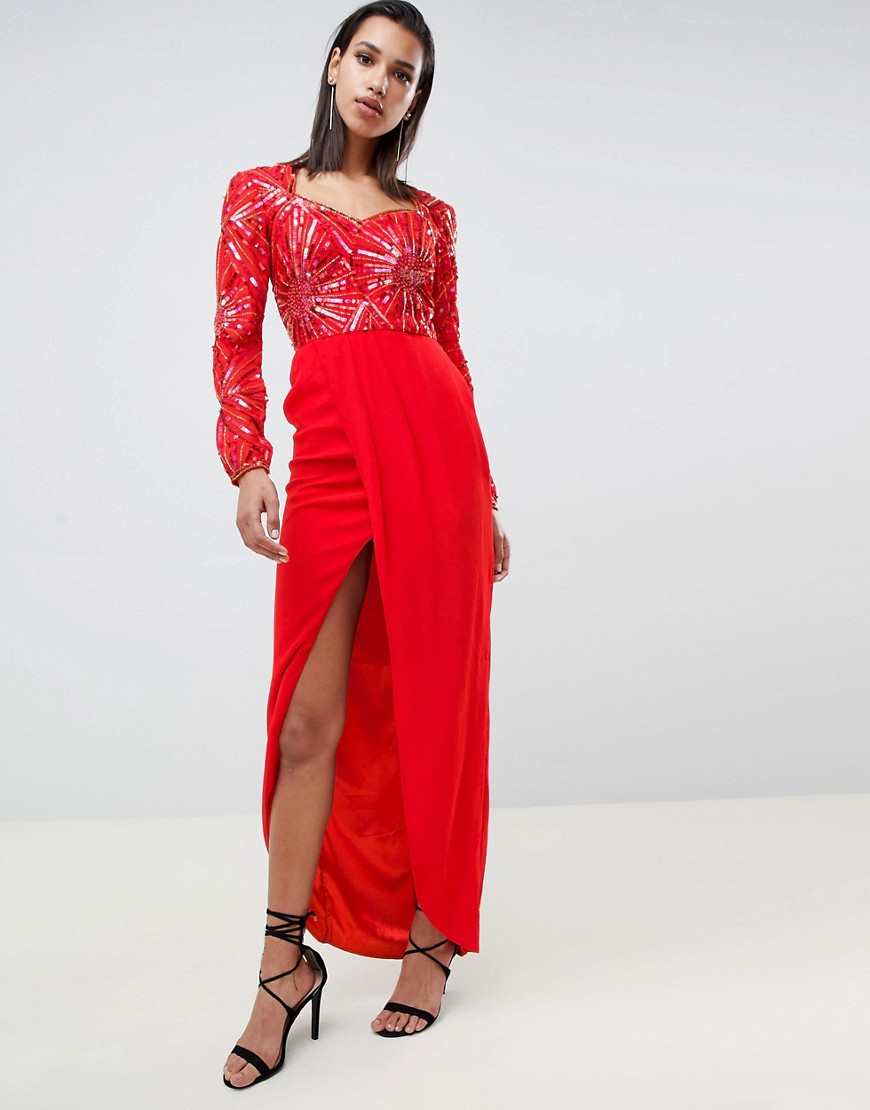 Virgos Lounge darline embellished sweetheart maxi dress with thigh split in red