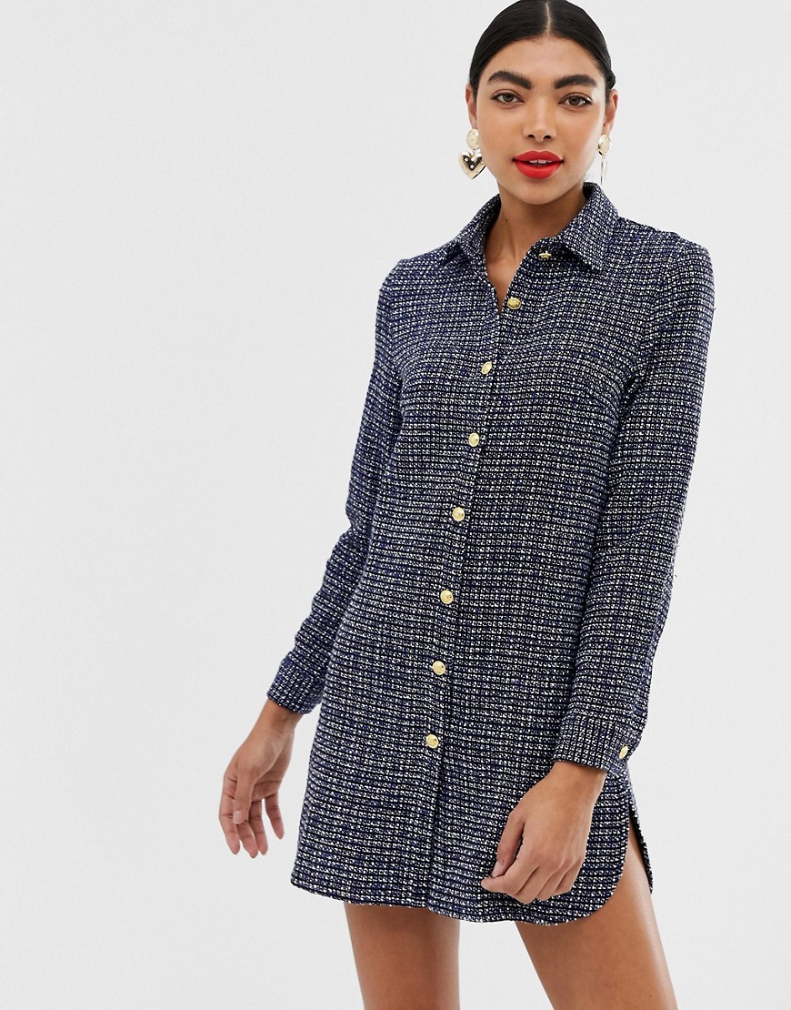Unique21 boucle over sized shirt dress with gold buttons