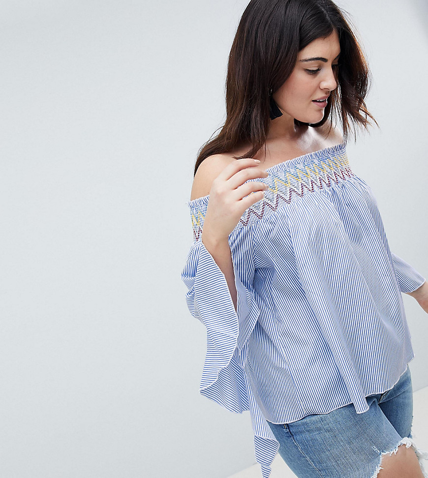 Koko Stripe Off The Shoulder Top With Asymmetric Bell Sleeves - Blue