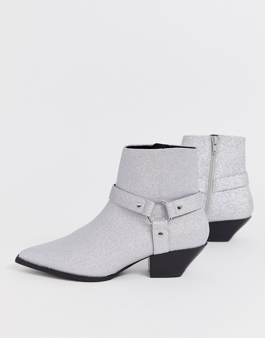 Asos Design Aidan Harness Western Ankle Boots In Glitter-silver