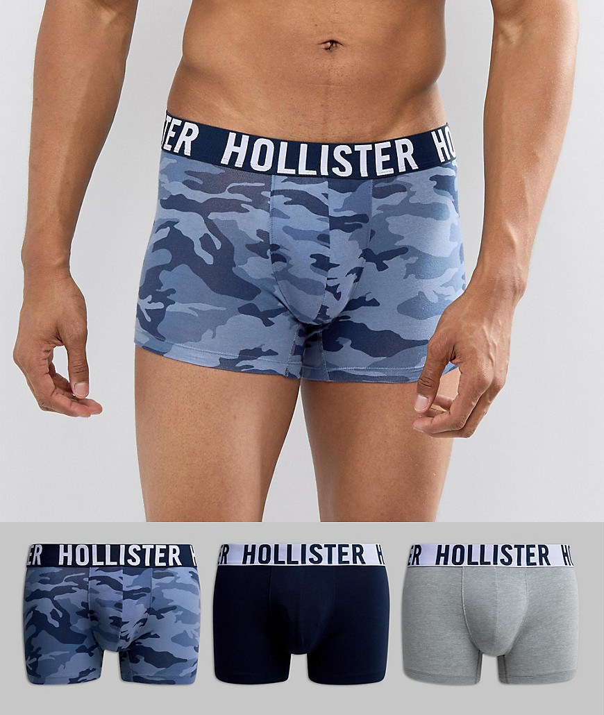 Hollister Solid 3 Pack Trunks Logo Waistband in Navy/Printed Camo/Grey - Navy camo grey