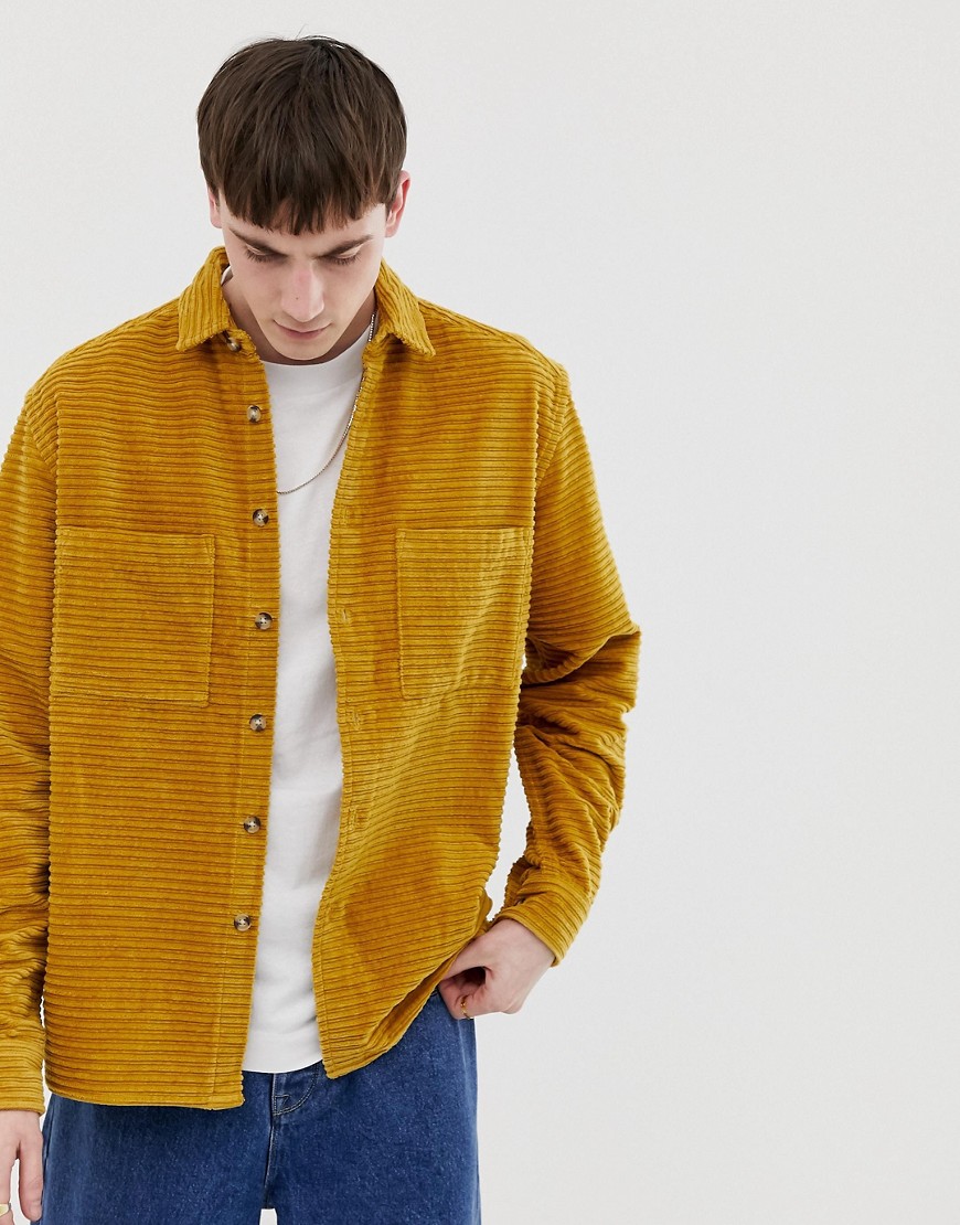 ASOS DESIGN cord overshirt in mustard with tortoise shell buttons