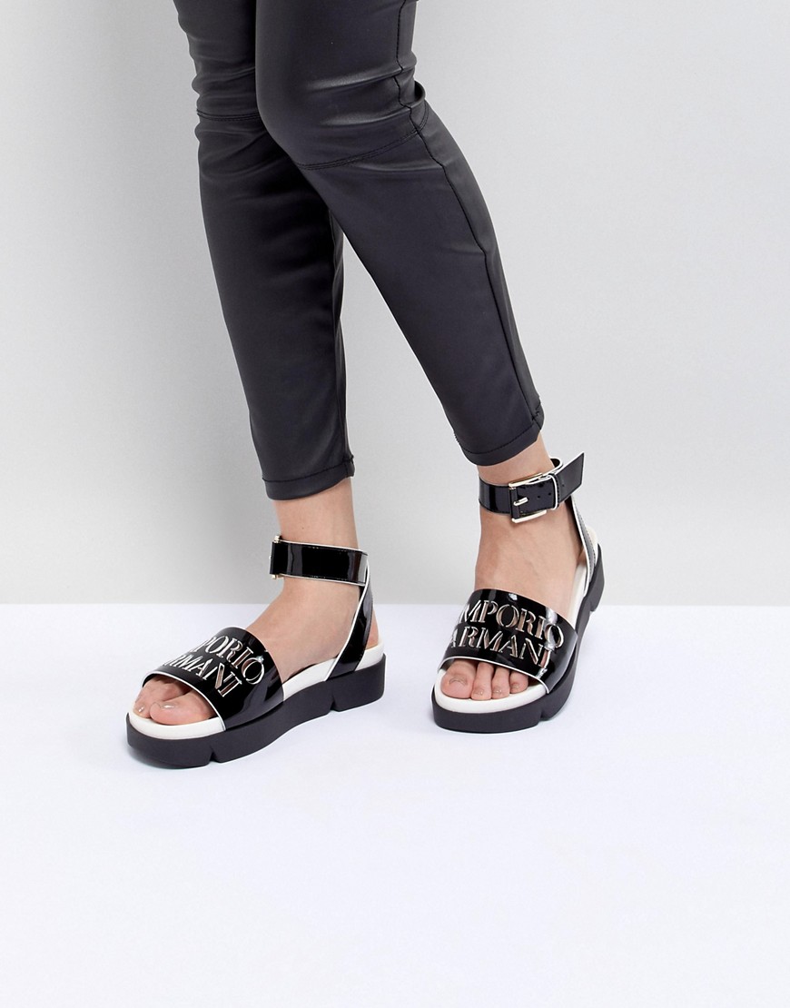 Emporio Armani Logo Leather Sandal With Wrap Angle Buckle - Black/white