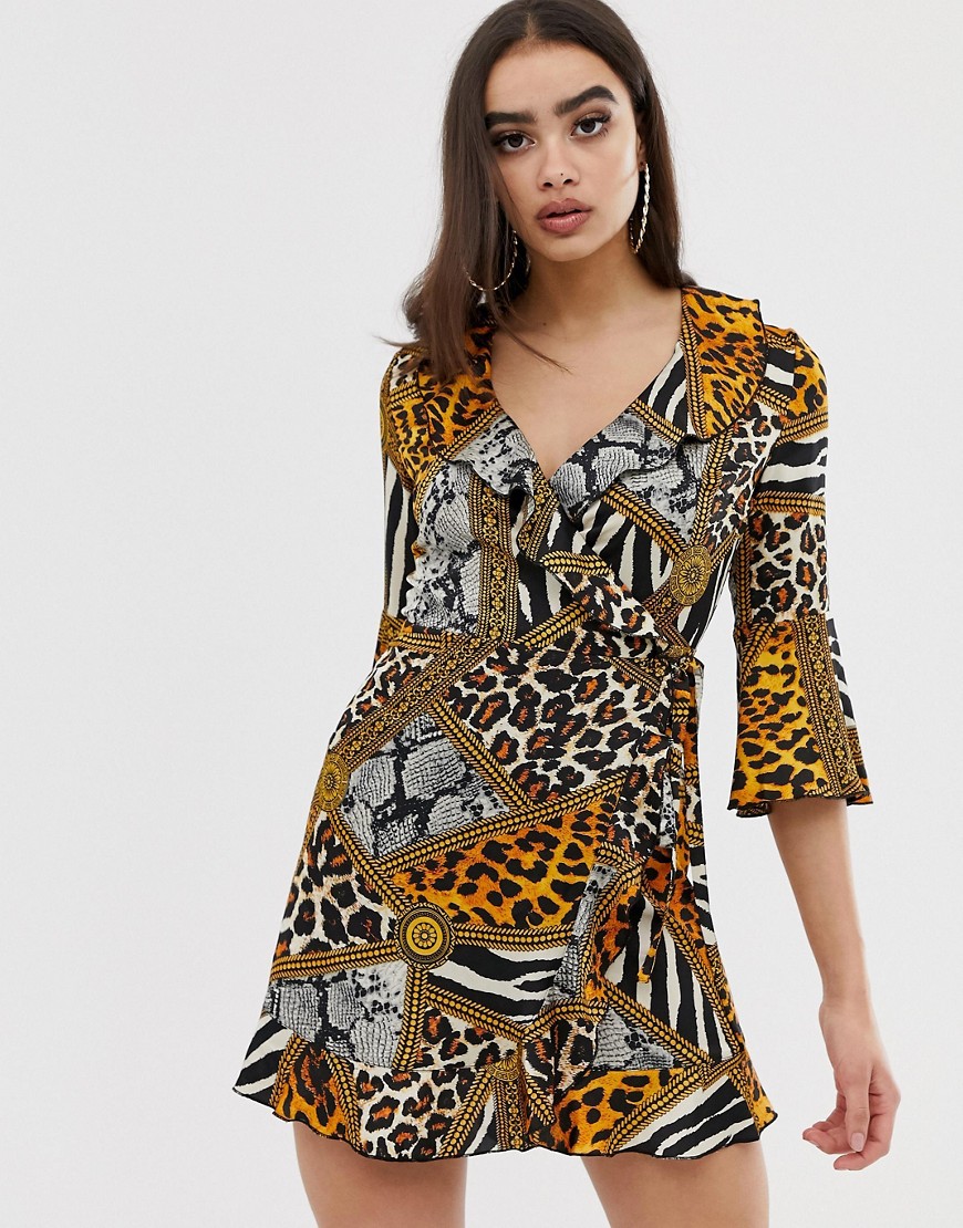 Outrageous Fortune ruffle wrap mini dress with fluted sleeve in multi chain print