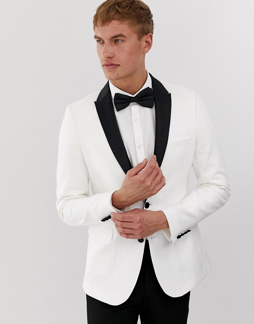 ASOS DESIGN super skinny tuxedo suit jacket in white with black lapel