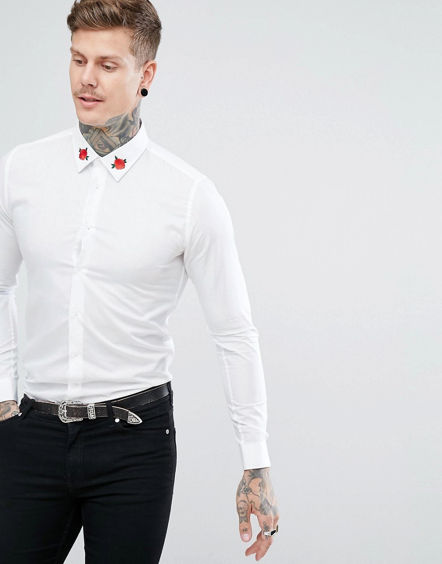 Devils Advocate Rose Embroidered Collar Shirt - White
