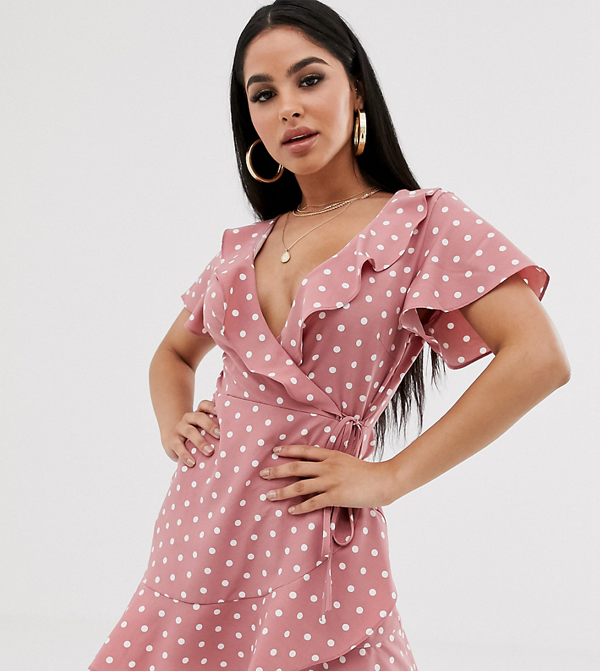 Missguided Petite exclusive wrap tea dress with ruffle trim in pink polka dot