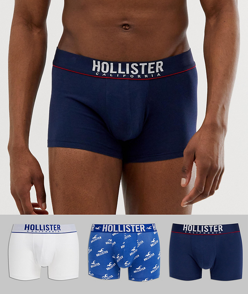 Hollister 3 pack trunks logo waistband in navy/white solid & blue seagull print