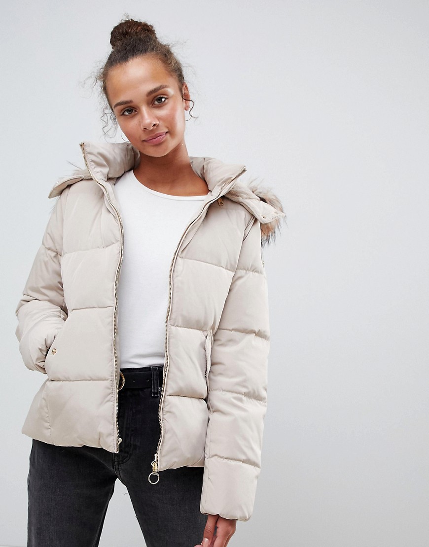 Only Rhonda Down Quilted Jacket with Faux Fur Trim - Simply taupe