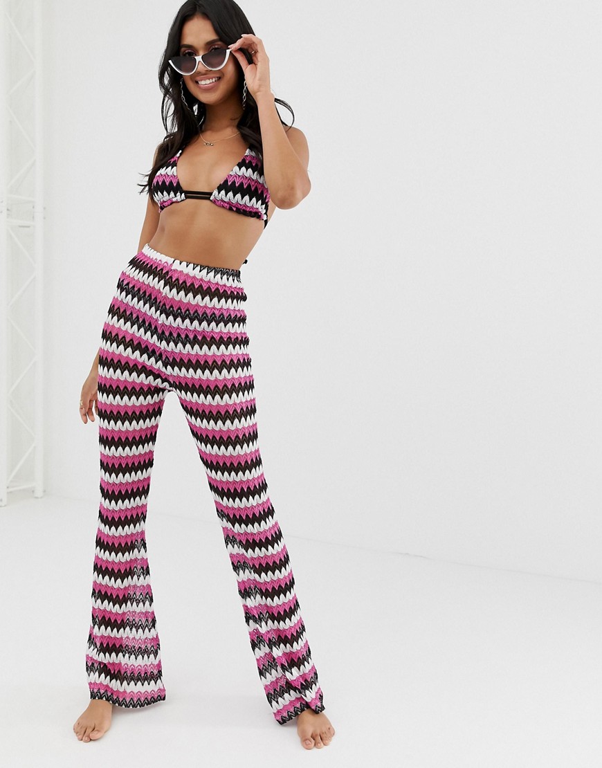 ASOS DESIGN chevron knitted beach flare trousers in multi colour