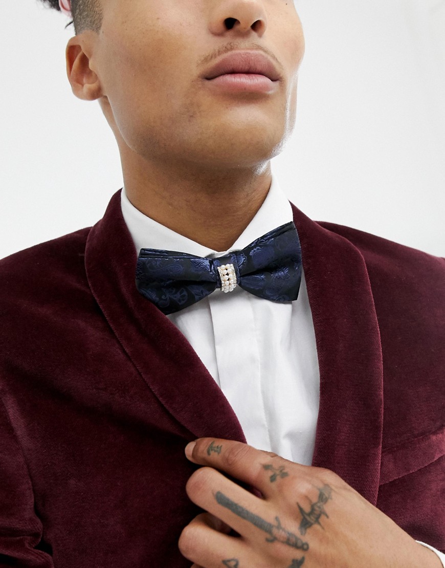 Devils Advocate Navy And Black Swirl Bow Tie With Pearl Centre