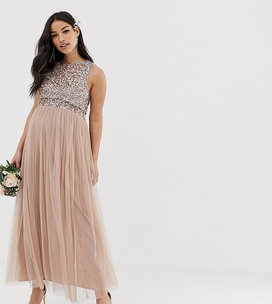 Maya Maternity Bridesmaid sleeveless midaxi tulle dress with tonal delicate sequin overlay in taupe blush
