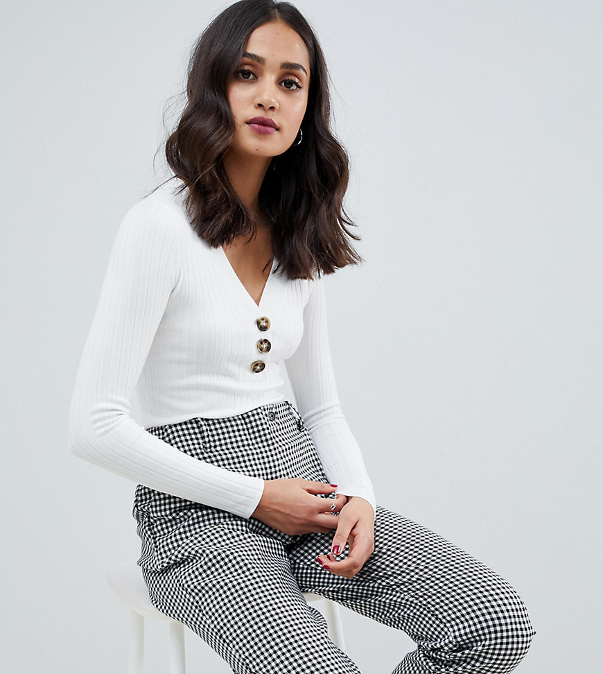Miss Selfridge long sleeve v-neck top with button down in cream
