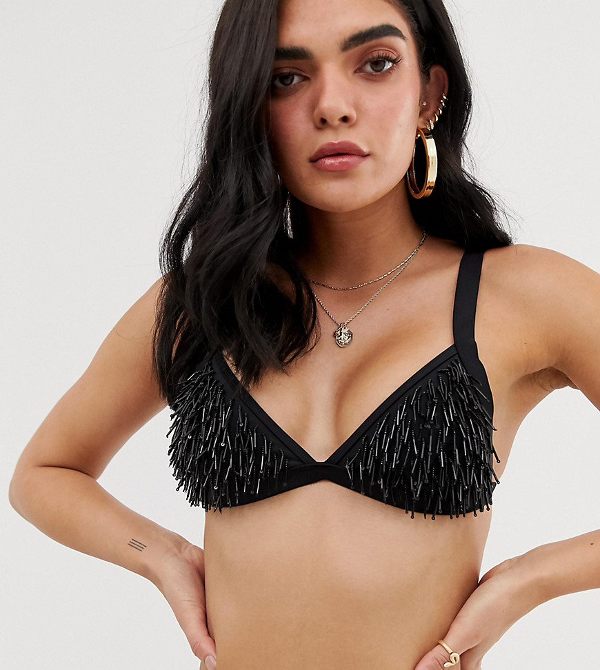 Missguided triangle bikini top with beaded detail in black