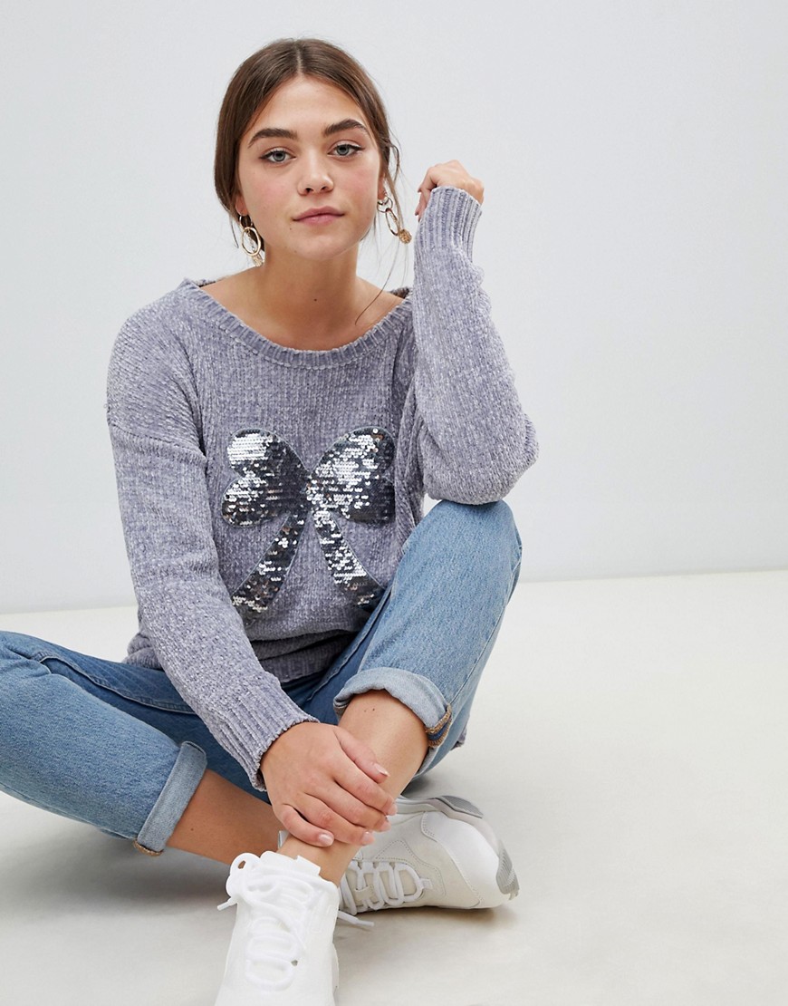 Wild Flower Jumper With Sequin Bow Detail - Grey