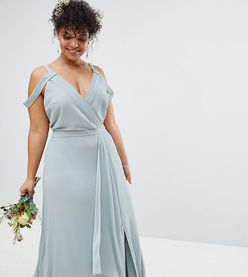 TFNC Plus Cold Shoulder Wrap Maxi Bridesmaid Dress With Fishtail - Green lily