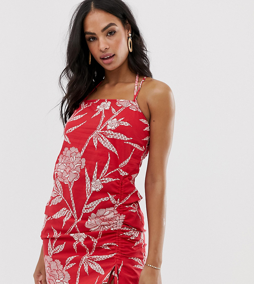 Warehouse cami beach dress with ruched side in tropical print