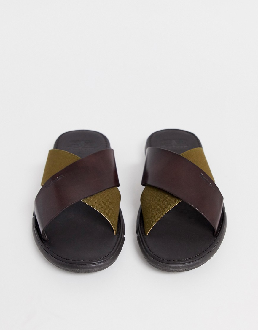 Barbour Adam leather cross over sandals in brown/olive