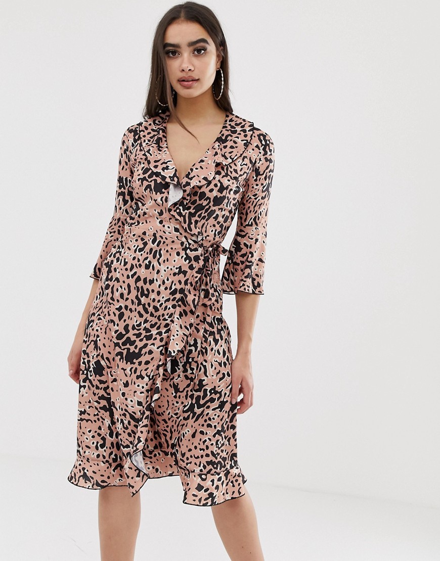 Outrageous Fortune ruffle wrap midi dress with fluted sleeve in splodge print