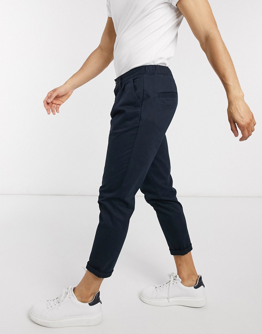 ASOS DESIGN cigarette chinos with pleats in navy