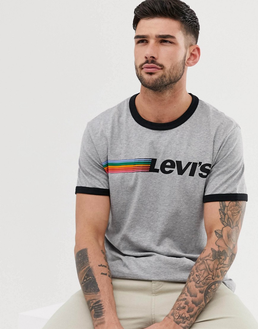 Levi's rainbow stripe logo ringer t-shirt in heather grey
